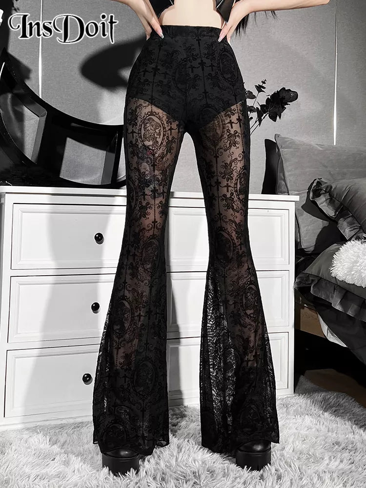 InsDoit Gothic Black Summer Flare Pants Women Lolita Streetwear See Through Sexy High Waist Pants Aesthetic Punk Grunge Trousers