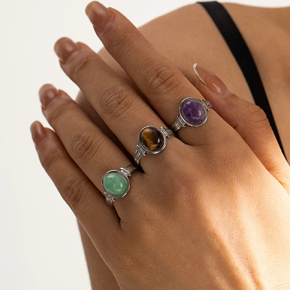 Uworld Stainless Steel Reiki Healing Stone Natural Amethysts Agates Open Ring Waterproof Fashion Party anillos para hombres