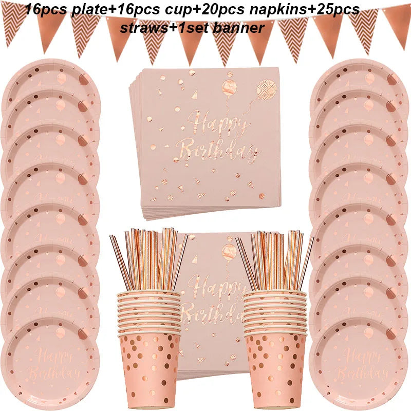 78pcs/set Rose Gold Party Disposable Tableware Set Rose Gold Cup Plates Straws Adult Birthday Party Decor Bridal Shower Supplies