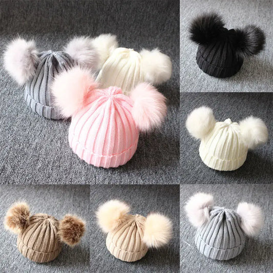 Winter Wool Knitted Hat Children Infant Newborn Kids Baby Caps Beanie with Two Double Pom Pom Beanie for Boys Girl 1-3 Years