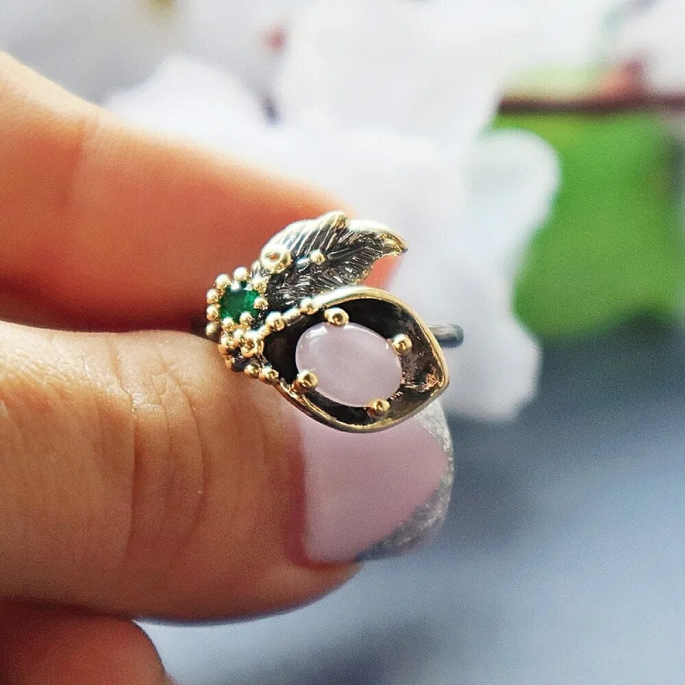 DreamCarnival1989 Fashion Pink Opal Finger Ring for Women 7 8 9 Size Flower Blossom Jewelry Black Gold Color Hot Selling WA11665