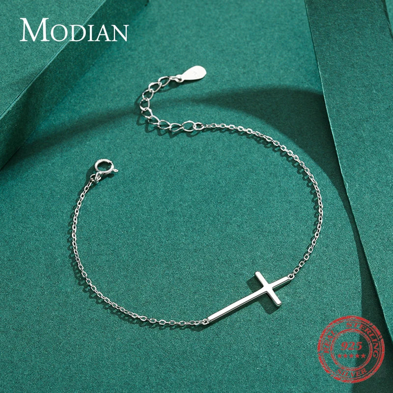 Modian 100% 925 Sterling Silver Classic Simple Cross Religious Adjustable Bracelets Chain For Women Fine Jewelry Accessories