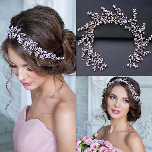 Trendy Purple Crystal Pearl Wedding Headband Tiara Handmade Hairband Bridal Headpiece Wedding Hair Accessories Women's jewelry