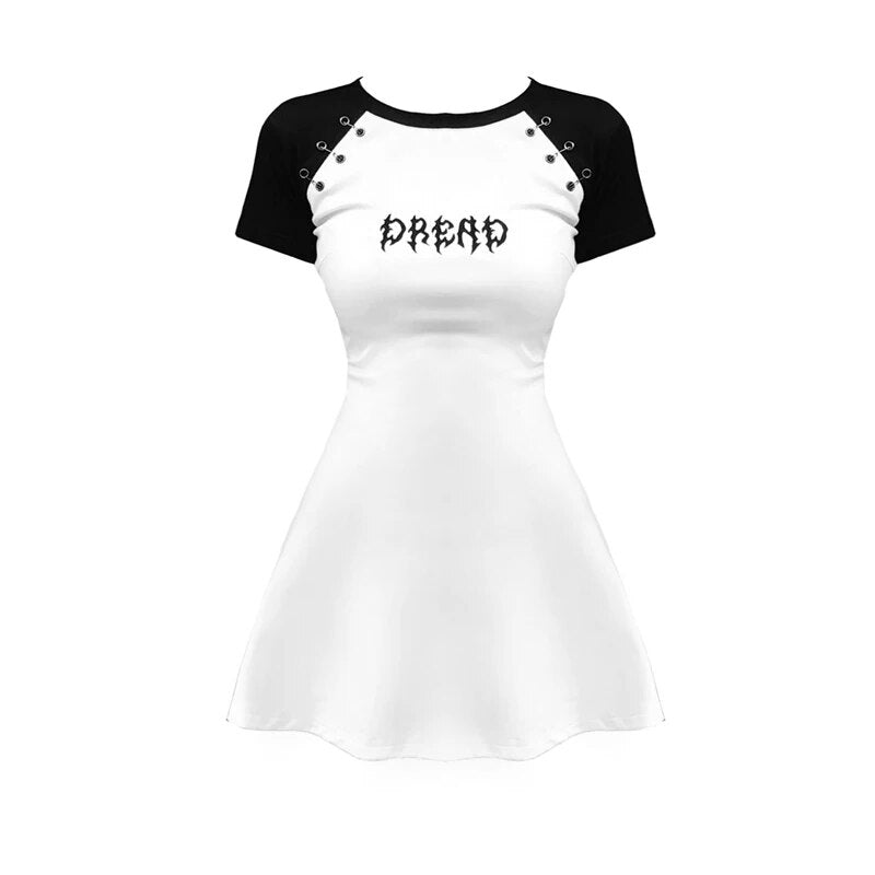 Gothic Women's Summer Dress Harajuku Black White Mini Vestido 2023 Short Sleeve Letter Print Skinny Sexy Bodycon Dresses Punk