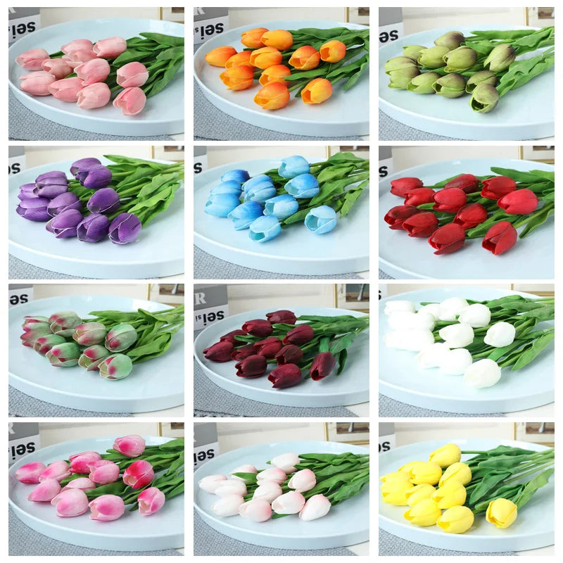 Free Shipping 31PCS/LOT PU Mini Tulip Artificial Flower Real Touch Wedding Floral Bouquet Christmas Home Party Decoration Gifts