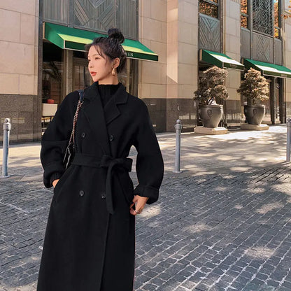 Winter Autumn Christmas Red Black Loose Long Wool Coat Jacket Belt Woolen Overcoat Korean Women Split Hem Cardigan Outerwear