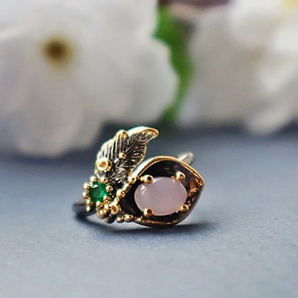 DreamCarnival1989 Fashion Pink Opal Finger Ring for Women 7 8 9 Size Flower Blossom Jewelry Black Gold Color Hot Selling WA11665