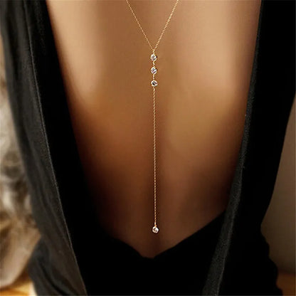 Sexy Summer Women Long Necklace Body Chain Bare Back Gold Color Crystal Pendant Necklace Beach Body Jewelry Wedding Dress