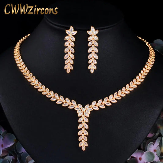 CWWZircons Leaf Shape Dangle Drop Earring and Necklace African Nigerian CZ Gold Color Wedding Jewelry Set for Brides T488