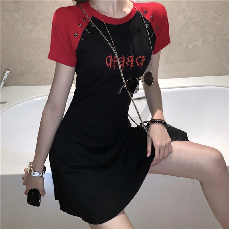 Gothic Women's Summer Dress Harajuku Black White Mini Vestido 2023 Short Sleeve Letter Print Skinny Sexy Bodycon Dresses Punk