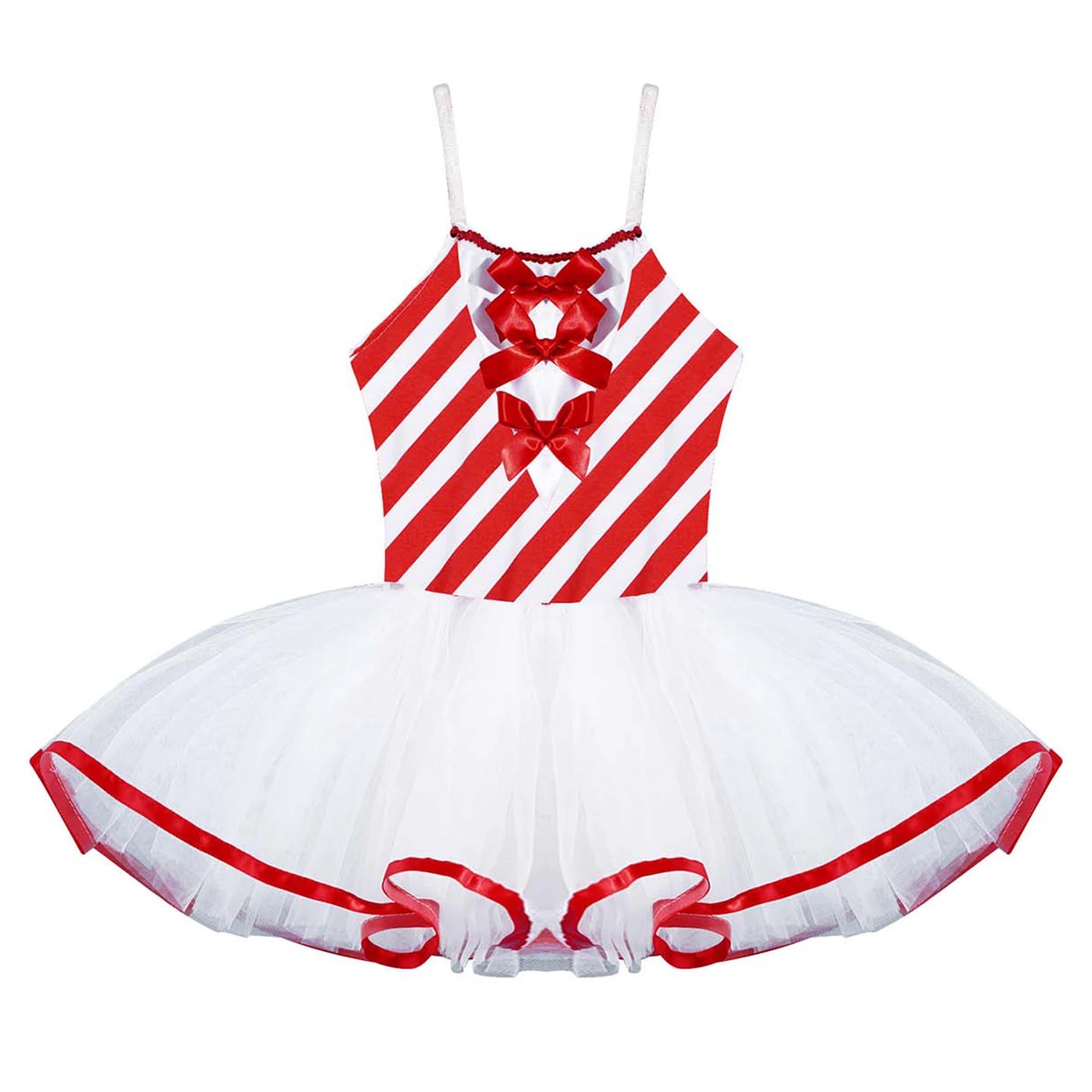 Kids Girls Candy Cane Striped Sequins Ballet Tutu Dance Dress Bowknot Adorned Stripe Print Mesh Tutu Dress Christmas Costume