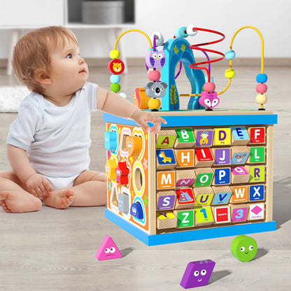 Wooden Bead Maze Activity Play Cube Activity Center Learn Puzzle Toy Colorful Wooden Bead Maze Roller Coaster Activity Cube Toys