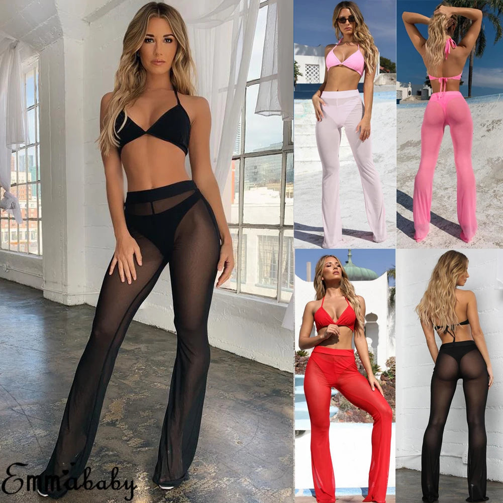 Women Sexy Beach Sheer Mesh See Through Transparent High Elastic Waist Bikini Cover Up Swimwear Bell Bottom Flare Pants Trousers