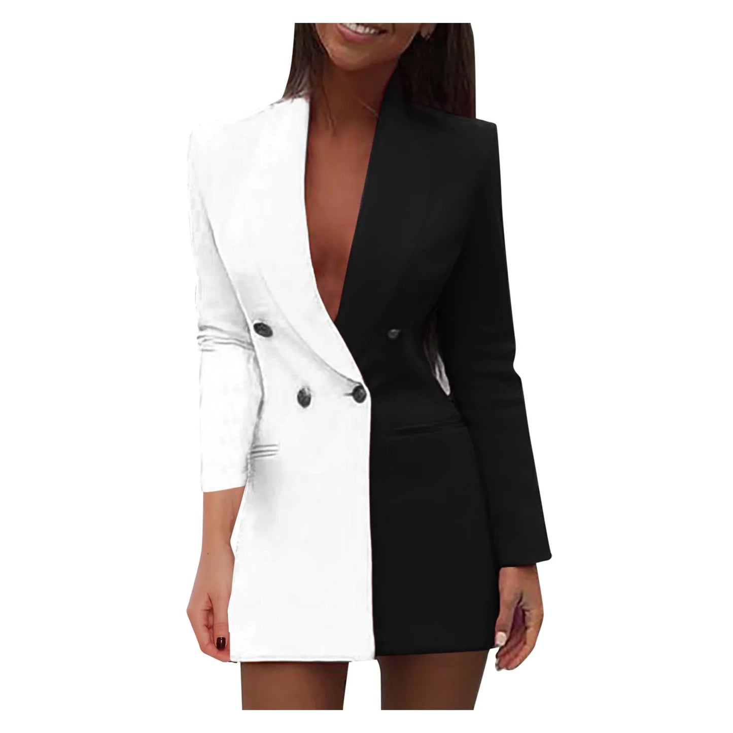 Elegant V Neck Office Lady Suit Dress Spring Autumn Long Sleeve Party Dress Women Colorblock Casual Blazer Mini Dress Robe