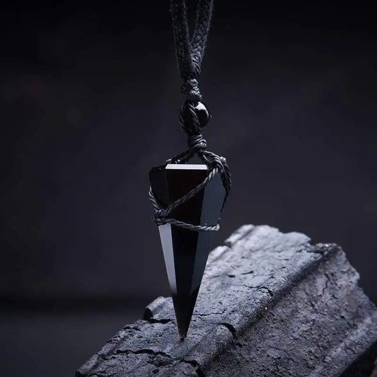 Black Obsidian Pyramid Pendant with Chain Men's Jewelry Women's Jewelry Jade Pendant