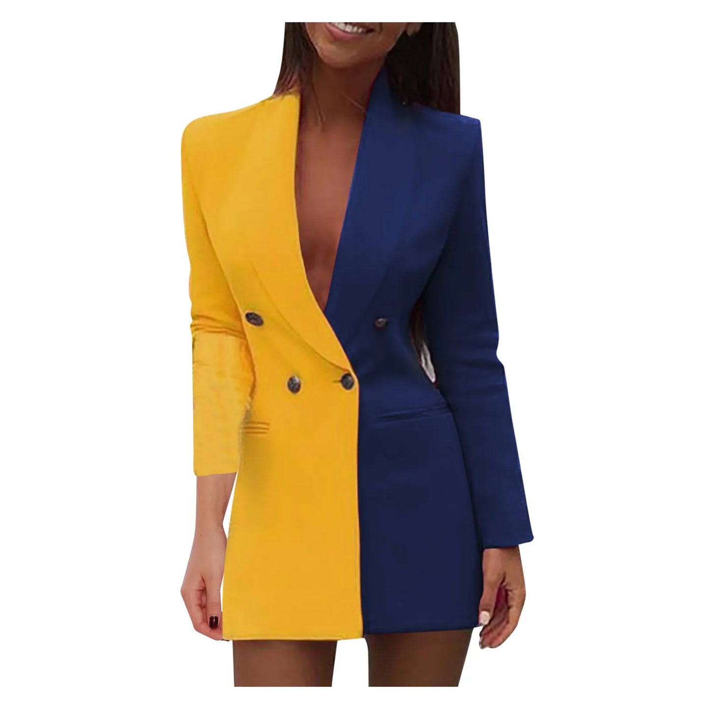 Elegant V Neck Office Lady Suit Dress Spring Autumn Long Sleeve Party Dress Women Colorblock Casual Blazer Mini Dress Robe