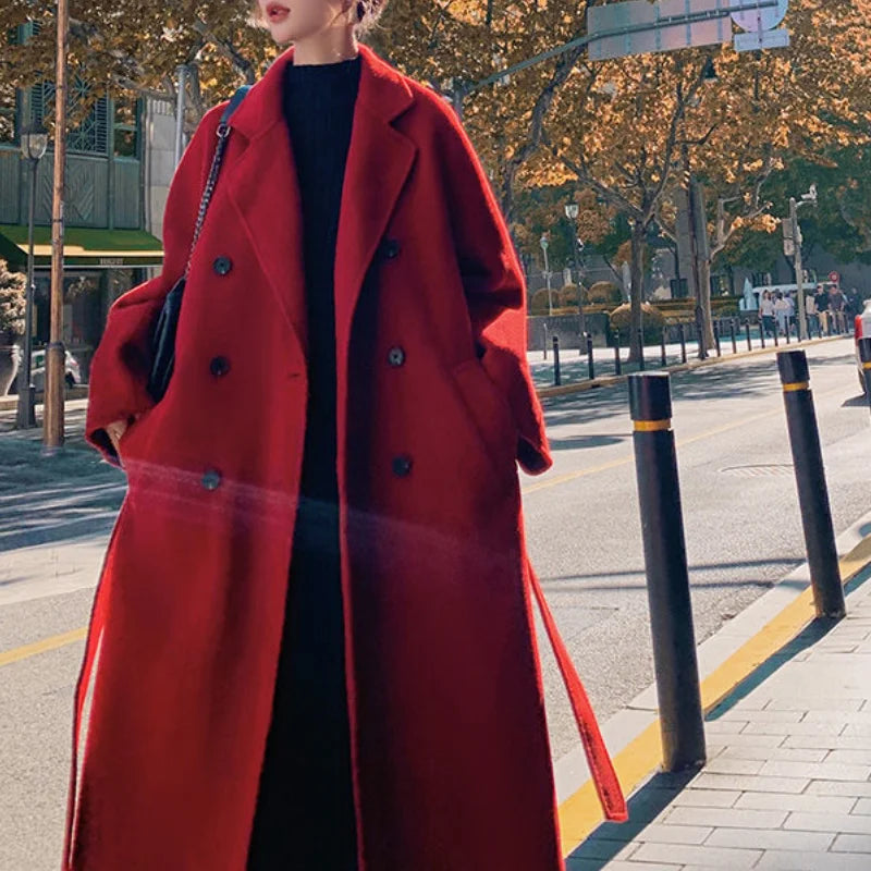 Winter Autumn Christmas Red Black Loose Long Wool Coat Jacket Belt Woolen Overcoat Korean Women Split Hem Cardigan Outerwear