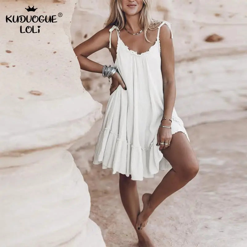 Summer Women's Backless Mini Dresses Sexy Sling Sleeveless Solid Color Casual Loose Camisole Design Elegant Party Holiday Beach