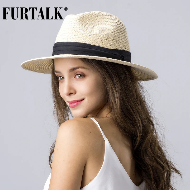 FURTALK Summer Hat for Women Men Panama Straw Hats Travel  Beach Sun Hat Wide Brim Fedora Jazz Hat