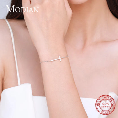 Modian 100% 925 Sterling Silver Classic Simple Cross Religious Adjustable Bracelets Chain For Women Fine Jewelry Accessories