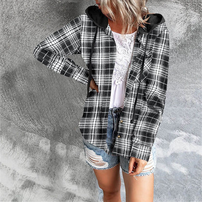 Spring Autumn Women Shirt Fashion Casual Plaid Hooded Shirts Long Sleeve Button Down Blusa Feminina Streetwear рубашка женская