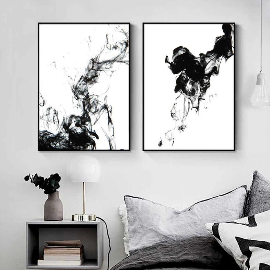 Minimalist Abstract Black White Dynamic Ink Canvas Paintings Poster Print Nordic Wall Art Picture Living Room Home Office Decor