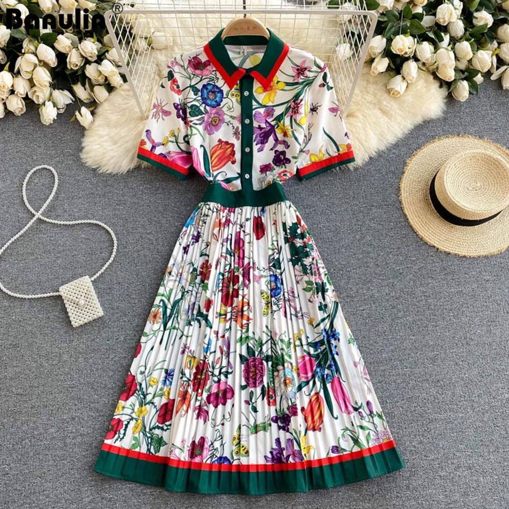 2021 Summer Runway Designer Pleated Dress Women's Short Sleeve Shirt Collar Overlay Flower Print Slim Party Midi Dresses N78610