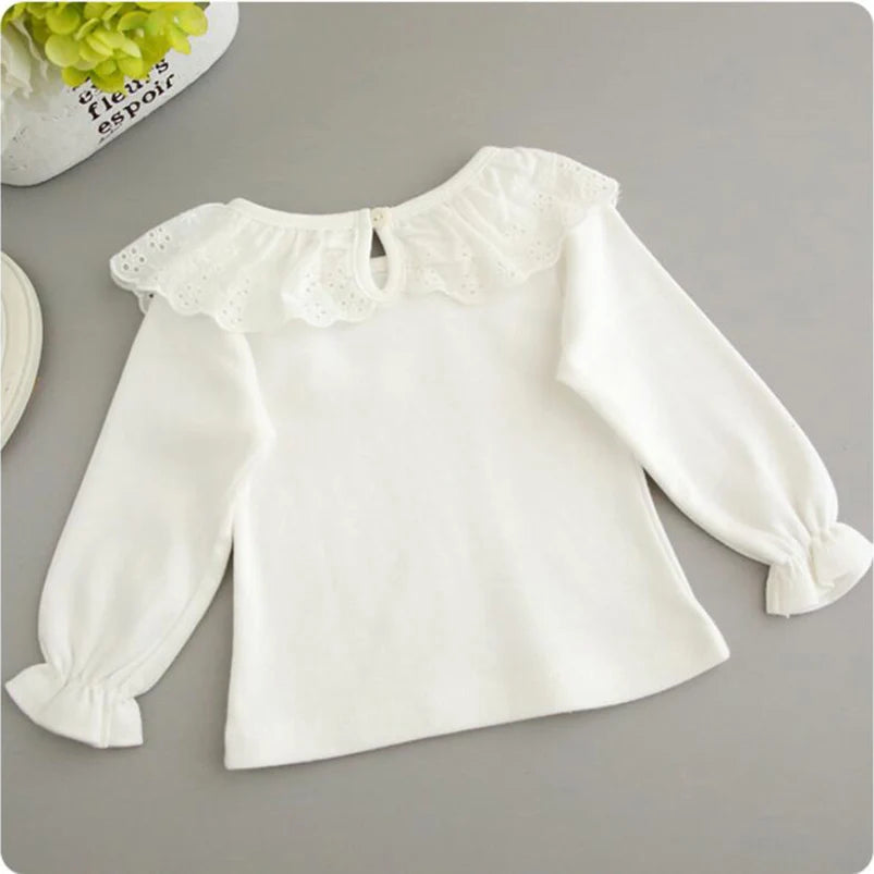 Kids White Shirts For Baby Girl Long Sleeve Ruffle Doll Collar Girls Blouses Autumn Children School Clothes Toddler lace shirt