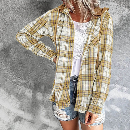 Spring Autumn Women Shirt Fashion Casual Plaid Hooded Shirts Long Sleeve Button Down Blusa Feminina Streetwear рубашка женская