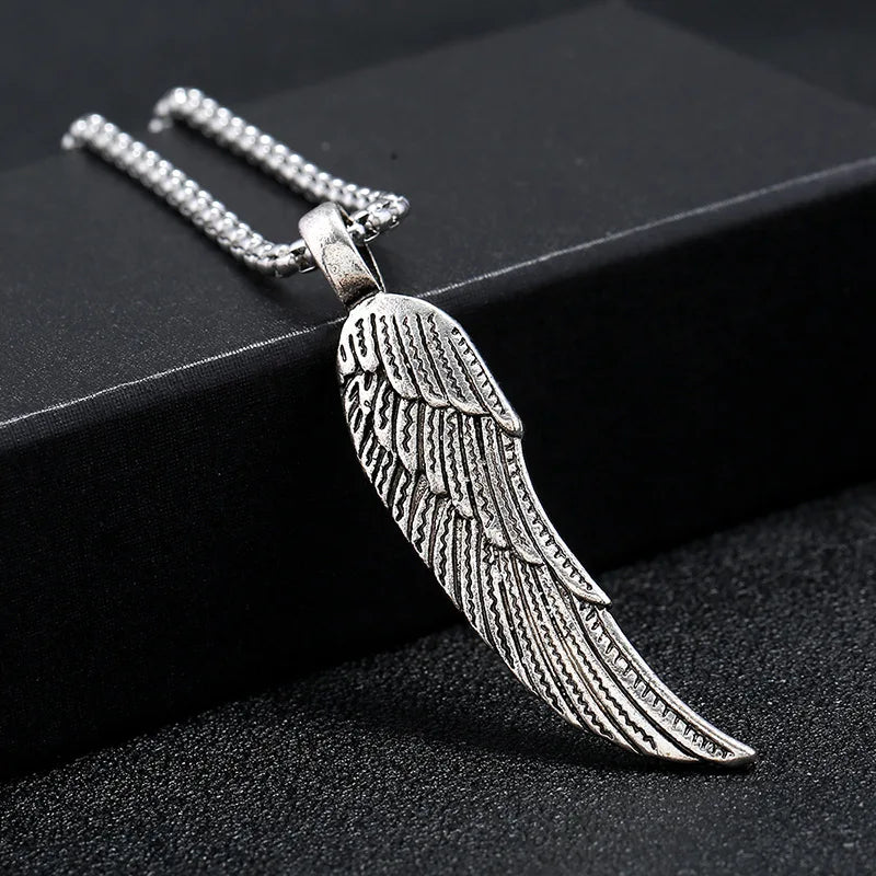 Personality Men's Women's Jewelry Vintage Cross Angel Wing Pendant Necklace  Long Stainless Steel Necklace Charms