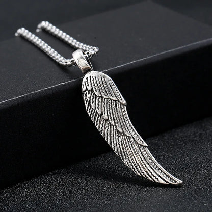 Personality Men's Women's Jewelry Vintage Cross Angel Wing Pendant Necklace  Long Stainless Steel Necklace Charms