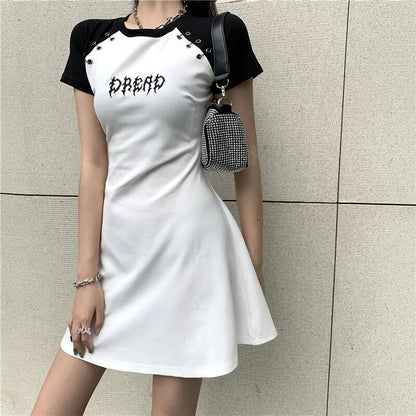 Gothic Women's Summer Dress Harajuku Black White Mini Vestido 2023 Short Sleeve Letter Print Skinny Sexy Bodycon Dresses Punk