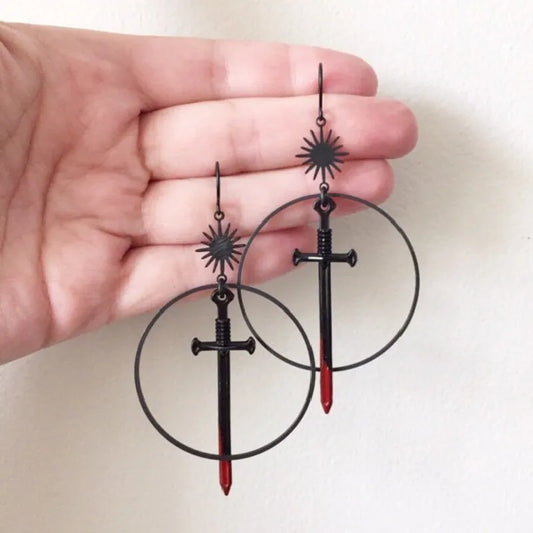 Gothic Black Night Warrior Earrings Sun Ring Sword Earrings Classic Eardrop Big Sword Statement Mystical Jewellery Women Gift