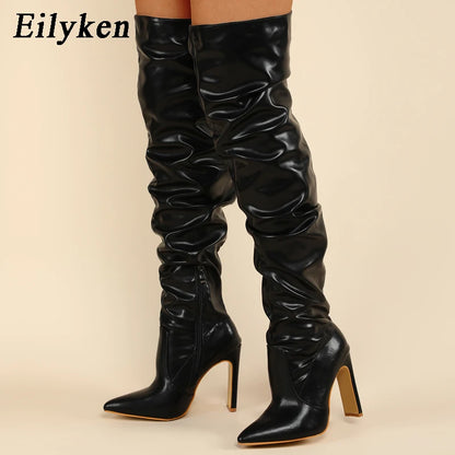 Eilyken Pleated Thigh High Boots Fashion Pointed Toe Zip Female Stiletto Square Heels Design White Black Brown Women's Shoes