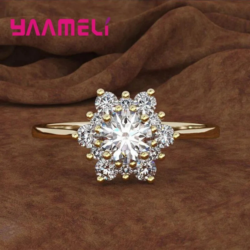 S925 Sterling Silver Snowflake Flowers Ring Transparant Clear Cubic Zirconia Micro Inlay  New Fashion Women's Jewelry