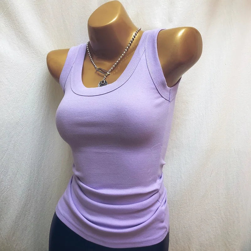 Sexy Slim Cotton White Tank Top O Neck Off Shouled Casual Sports Women's Tops Elastic Ribbed Summer Tank Tops Gray Black Purpl