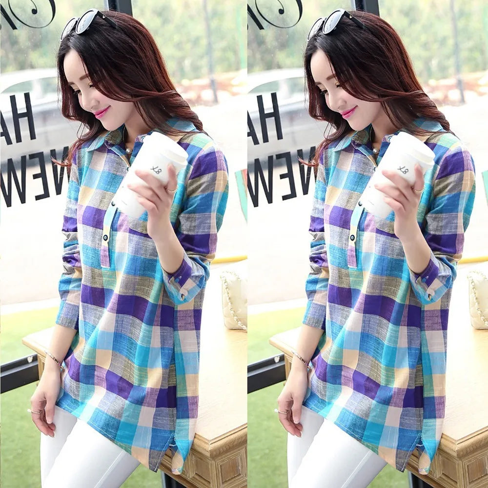 Fashion Woman Blouses 2023 Casual Plaid Pocket Cotton Shirts Comfy Buttons Long Sleeve Blusas Autumn Korean Lapels Kimono Tunic