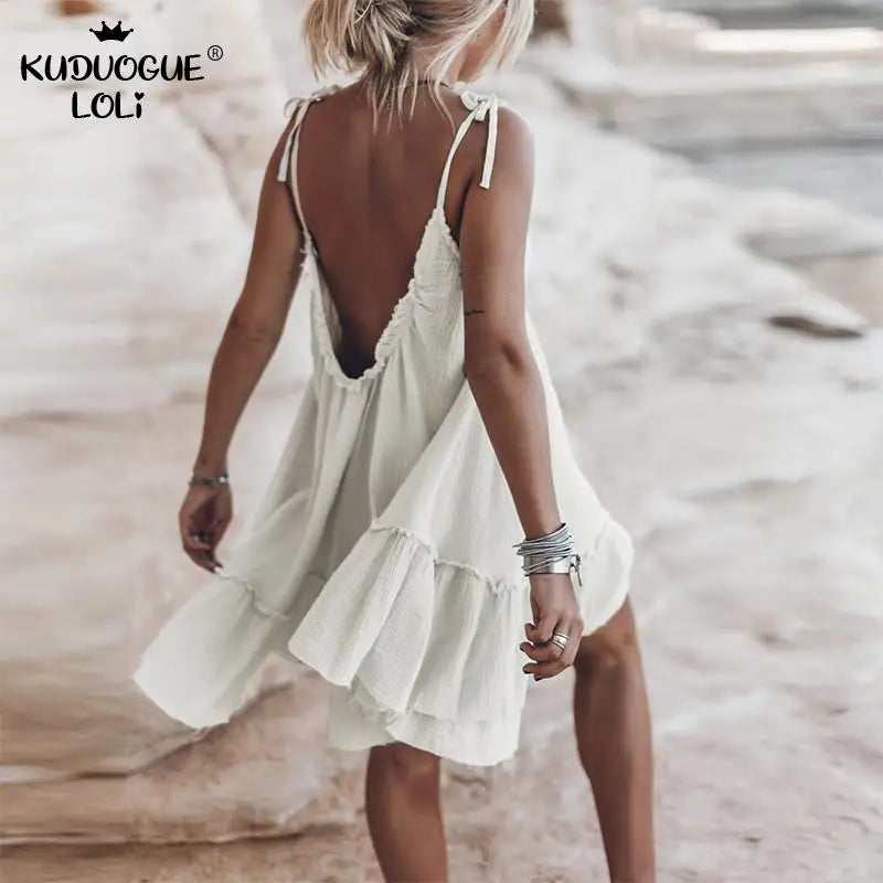 Summer Women's Backless Mini Dresses Sexy Sling Sleeveless Solid Color Casual Loose Camisole Design Elegant Party Holiday Beach