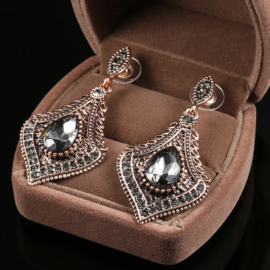 Kinel Vintage Turkish Gray Crystal Earring for Women Ethnic Wedding Jewelry Antique Gold Color Love Gift Wholesale