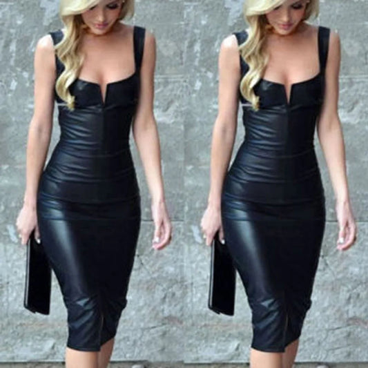 Fashion Women Sheath PU Leather Bandage Bodycon Dress Sexy Strap Square Collar Sleeveless Club Party Dress Summer Midi Dress