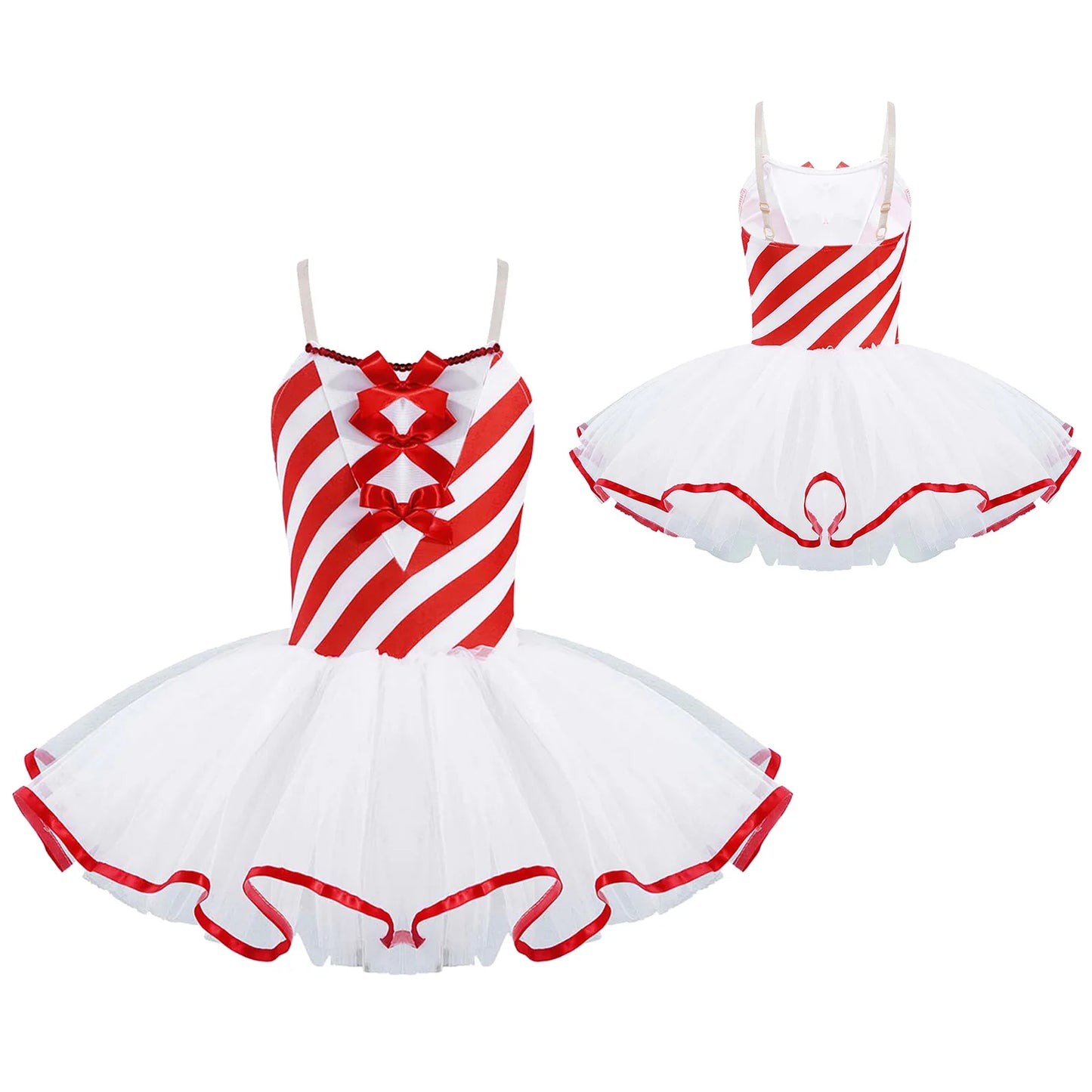 Kids Girls Candy Cane Striped Sequins Ballet Tutu Dance Dress Bowknot Adorned Stripe Print Mesh Tutu Dress Christmas Costume