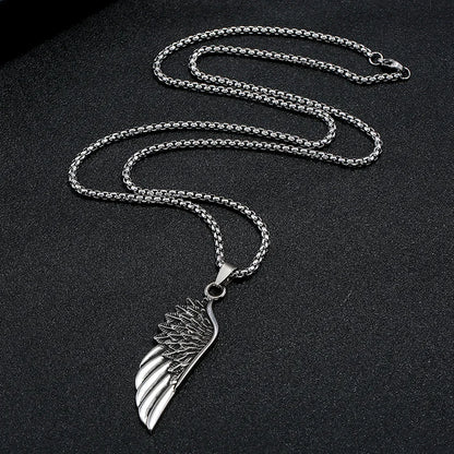 Personality Men's Women's Jewelry Vintage Cross Angel Wing Pendant Necklace  Long Stainless Steel Necklace Charms