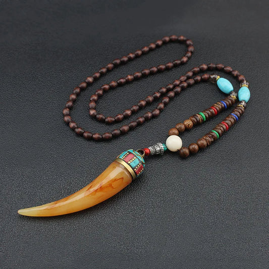 Vintage Handmade Necklace Nepal Buddhist Mala Wood Beads Pendant & Necklace Ethnic Horn Long Statement Men Women's Jewelry