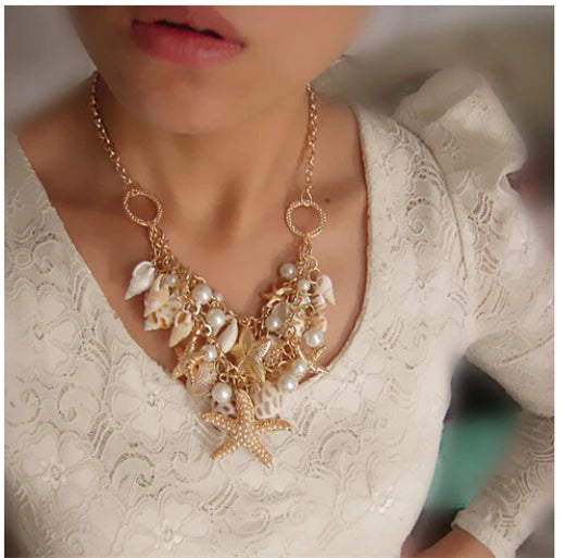 New Fashion Shell Starfish Choker Necklaces Multilayer Pearl Statement Necklaces For Women Beach