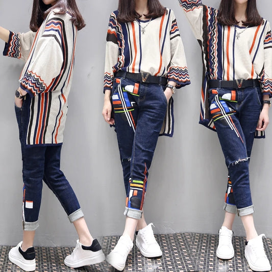 S-6XL Women's Spring Large Size Two-piece 2023 New Fashion Loose High Waist Printing Set Female High-end Shirt + Jeans Two-piece