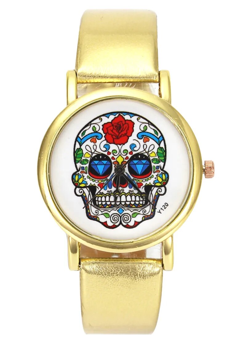 Skull Rose Flower Skeleton Halloween Women Mens Fashion Creative Watches PU Leather Watchband Wrist Watch