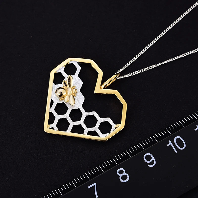 Lotus Fun Real 925 Sterling Silver Fine Jewelry Honeycomb Home Guard 18K Gold Bee Love Heart Pendant without Chain for Women