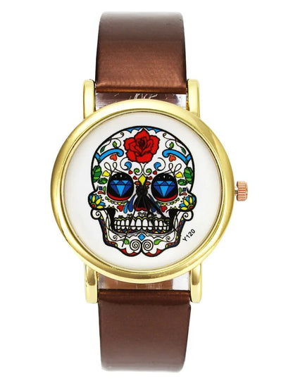 Skull Rose Flower Skeleton Halloween Women Mens Fashion Creative Watches PU Leather Watchband Wrist Watch