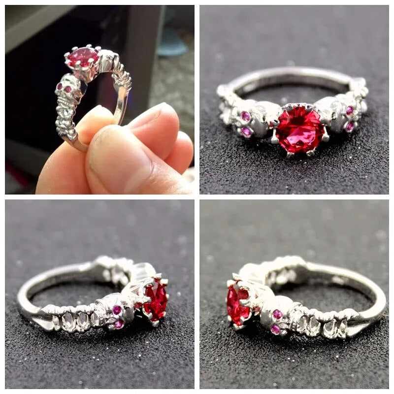 US STOCK Uloveido Red Ring Female Cubic Zirconia Skull Silver Color Ring for Women Christmas Party Jewellery Gift Halloween Y193