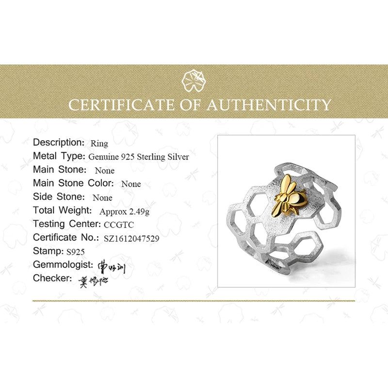 Lotus Fun Real 925 Sterling Silver 18K Gold Bee Rings Natural Designer Fine Jewelry Home Guard Honeycomb Open Ring for Women